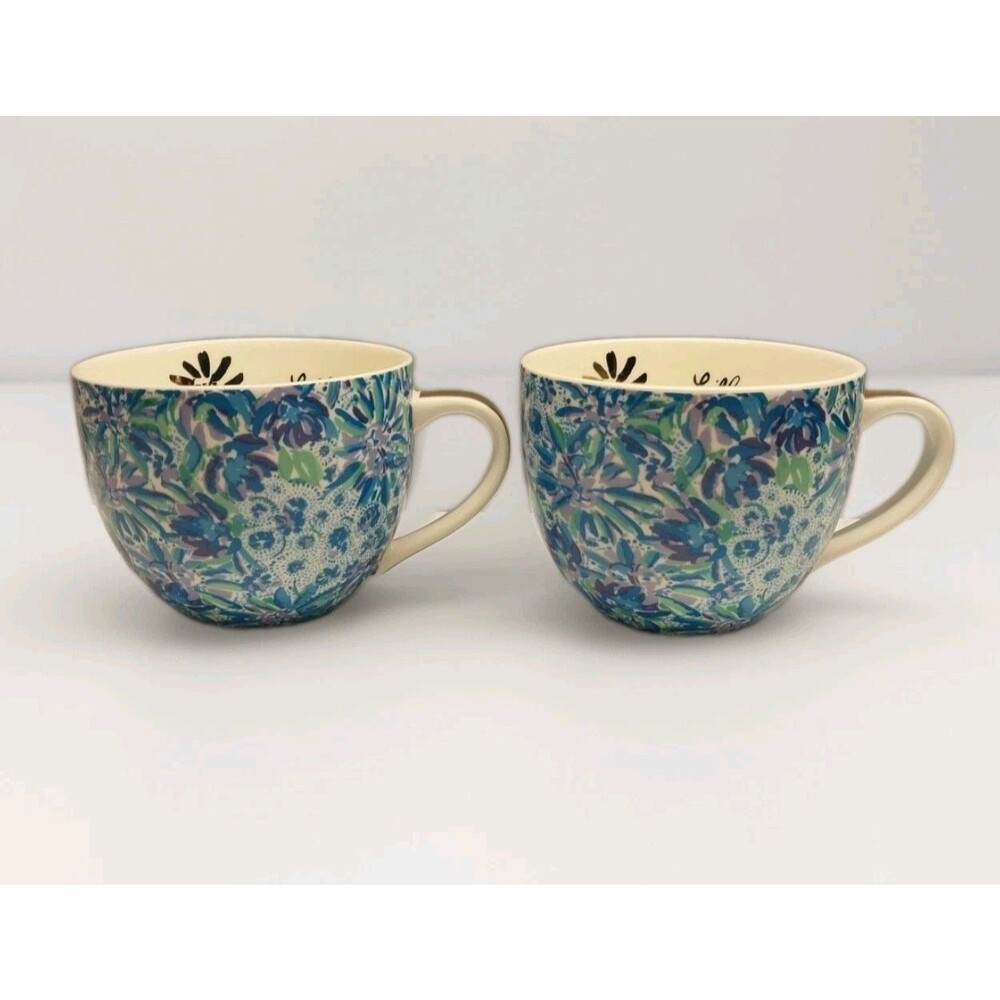 Lilly Pulitzer Hidden Lion Blue Tropical 16oz Oversized Coffee Mugs Set of 2 - Picture 2 of 10